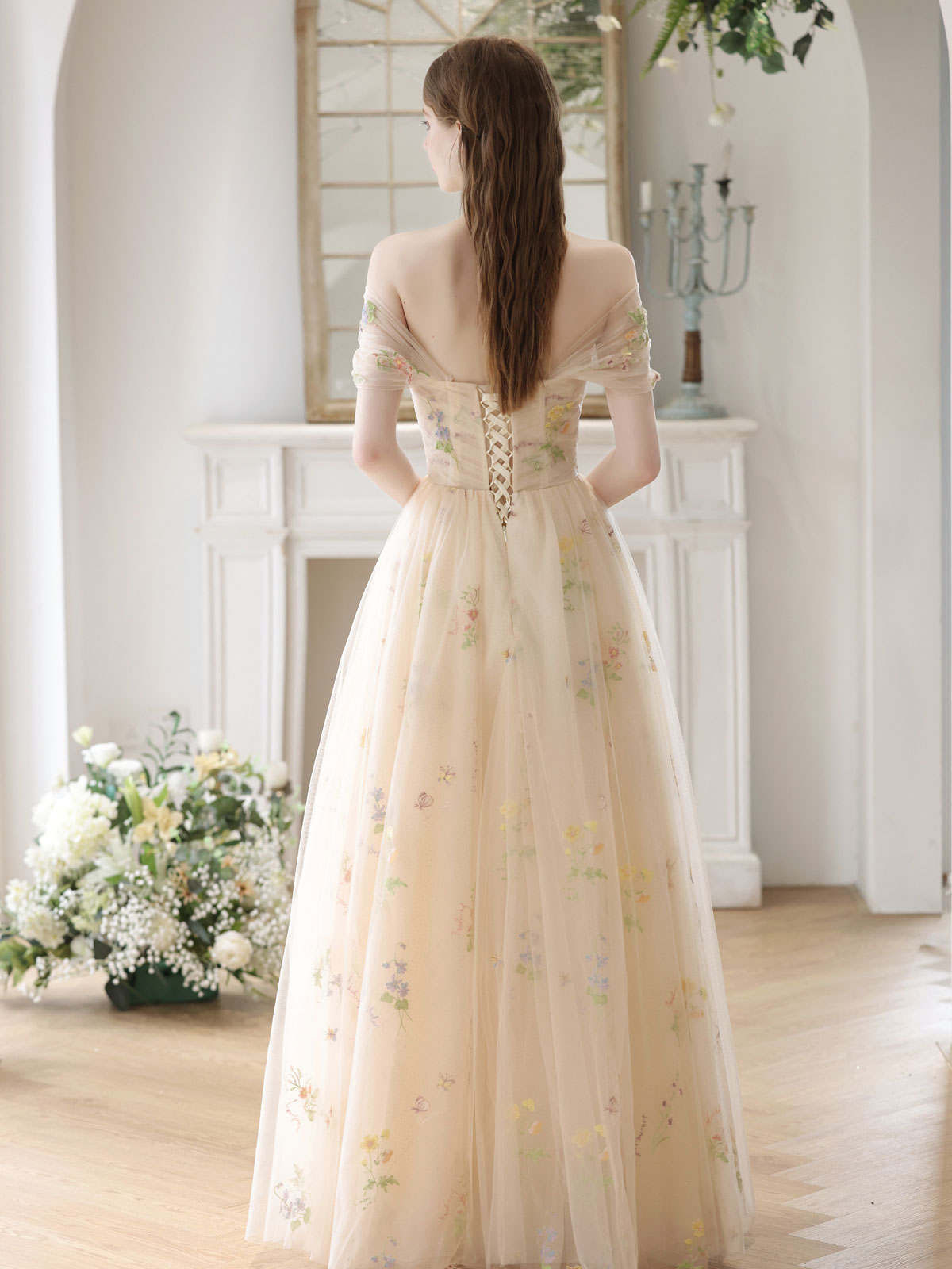 Fairytale Boho Champagne Tulle Sheer Illusion Prom Dress