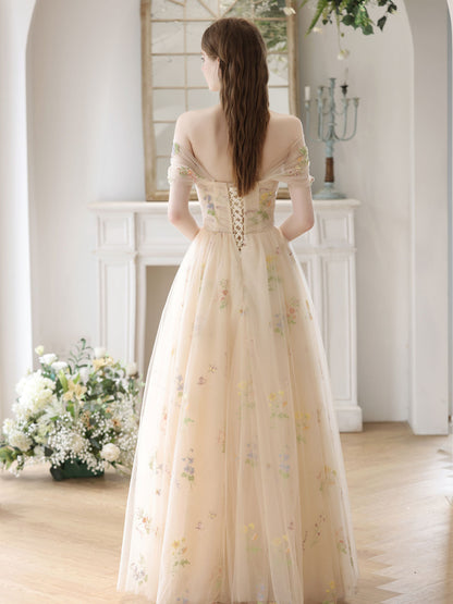 Fairytale Boho Champagne Tulle Sheer Illusion Prom Dress - DollyGown