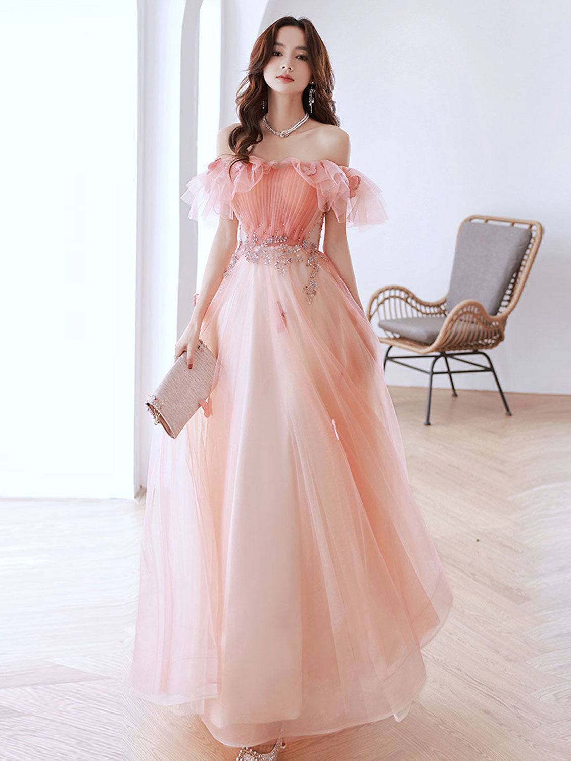 Peach Pink Off The Shoulder A-line Maxi Long Prom Dress - DollyGown