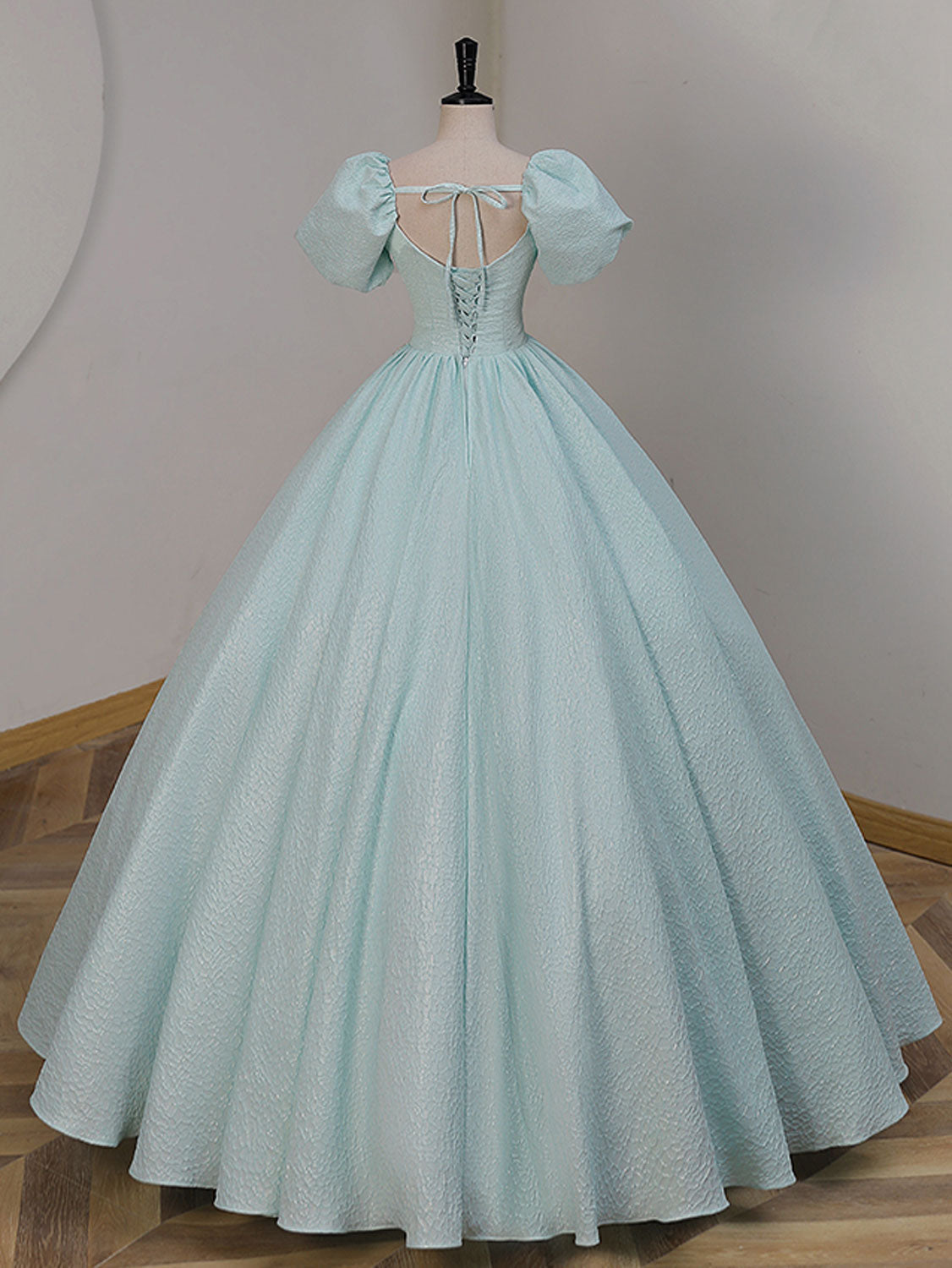 Unique A-LIne Satin Lace Long Prom Dresses, Blue Satin Sweet 16 Dresses - DollyGown