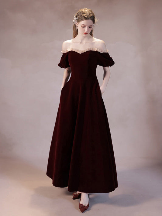 Classic Off The Shoulder Velvet Ankle Length Prom Dress - DollyGown