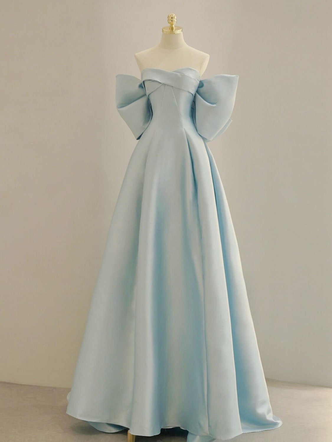 Light Blue A-line Strapless Satin Long Formal Dress with Bow Back - DollyGown