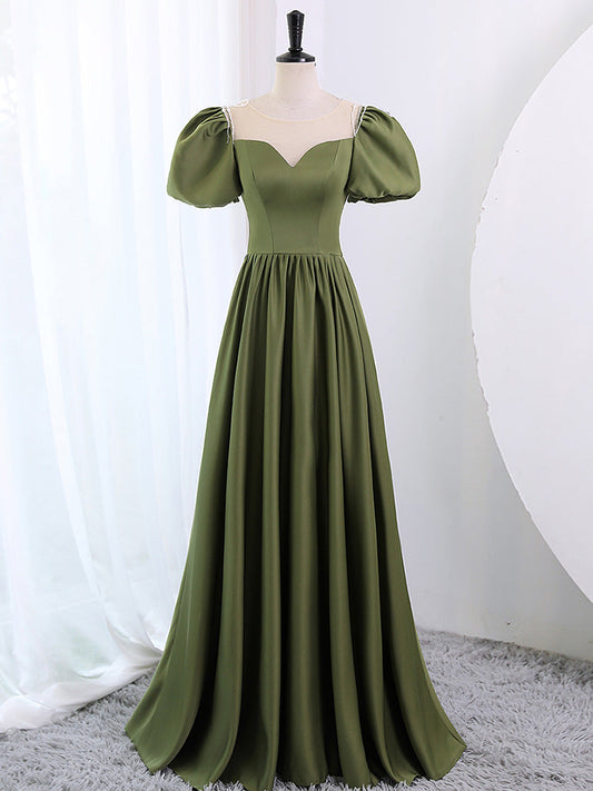 Sage Green Satin A-line Long Prom Dress with Bubble Short Sleeves - DollyGown