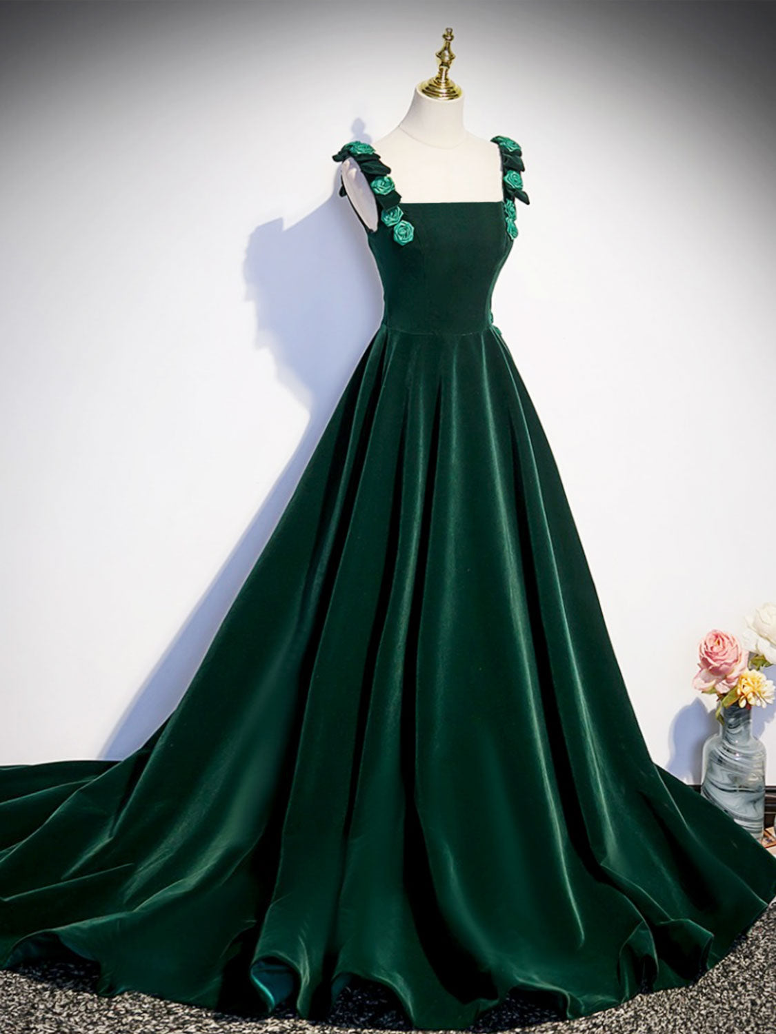 Emerald Green Velvet Rose Straps A line Prom Dress