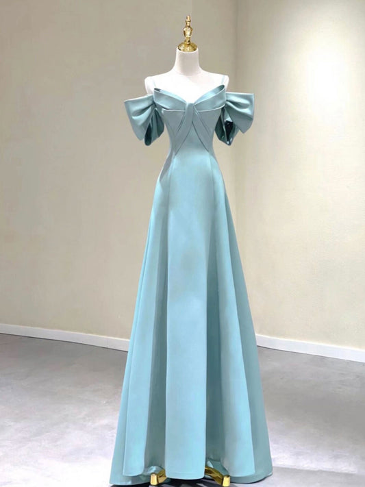 Light Blue Satin Spaghetti Strap Off The Shoulder Prom Dress - DollyGown