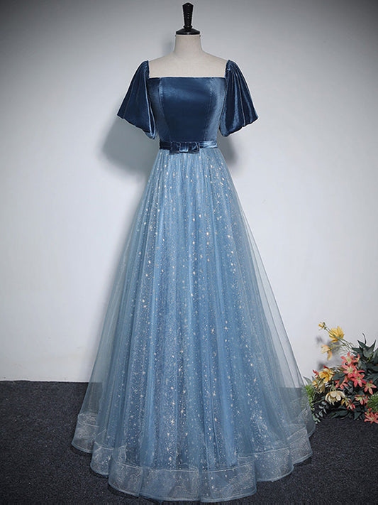 Romantic Blue Square Neck A-line Long Prom Dress - DollyGown