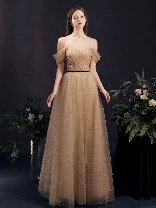 Off the Shoulder Illusion Champagne Prom Dress with Black Belt - DollyGown