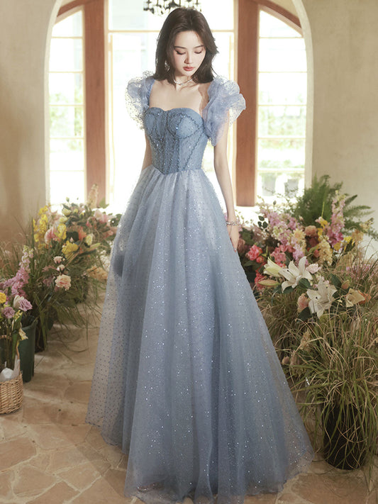 Glitter Cap Sleeve Princess A-line Grey Formal Dress Prom Dress - DollyGown