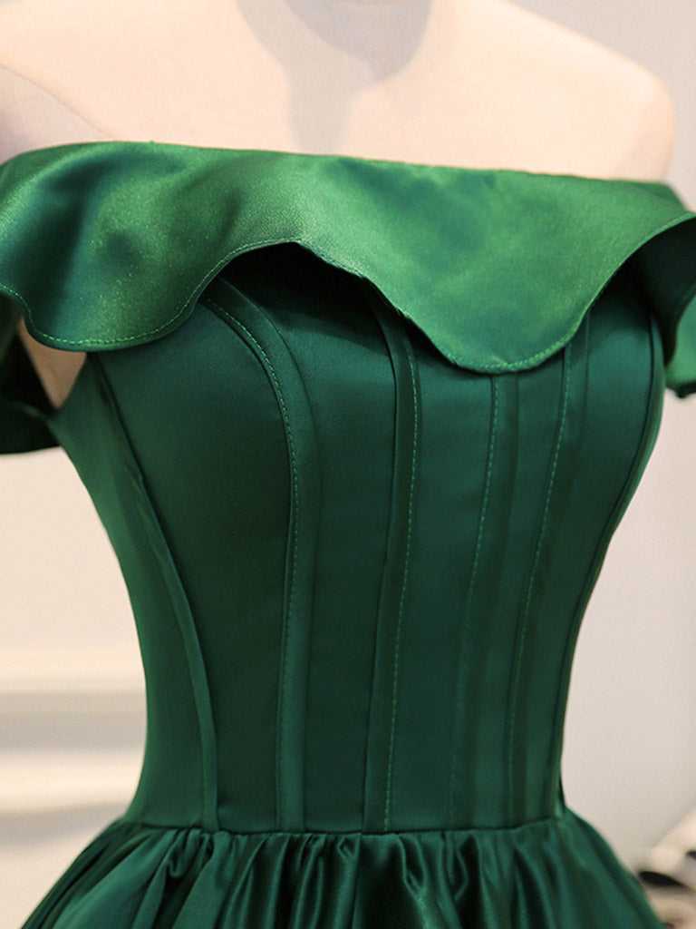 Emerald Green Off The Shouder Satin Boned Short Bridesmaid Dresses Prom Dress - DollyGown