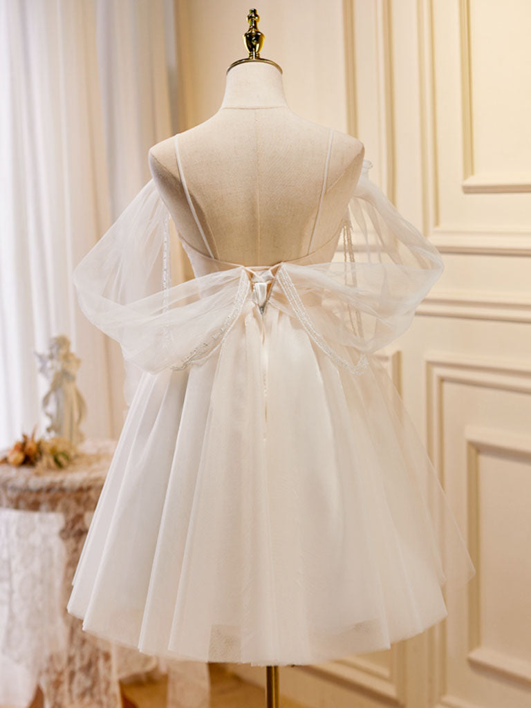 Romantic Flowy Sheer Tulle Short White Prom Dress Occasion Dress
