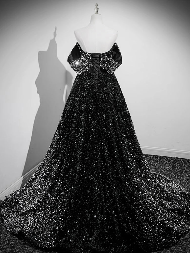 Black Sequins Off The Shoulder A line Prom Dress