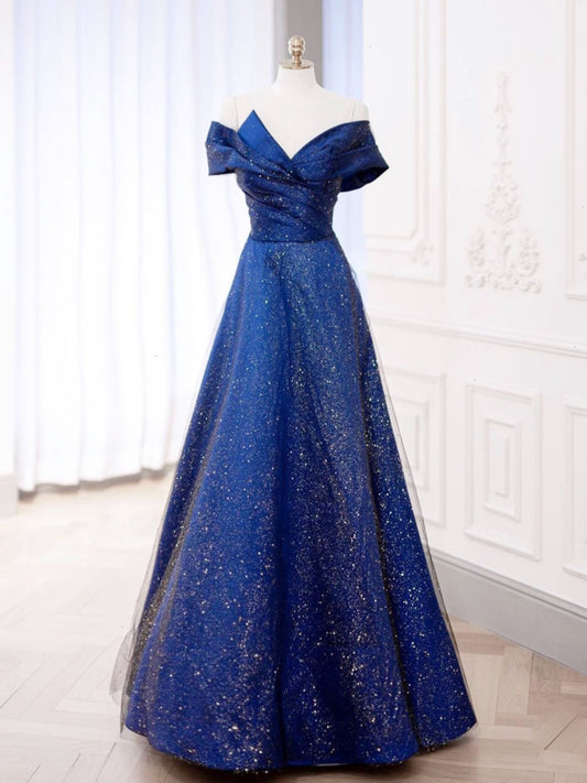 Glitter A-line Royal Blue Off The Shoulder Prom Dress - DollyGown