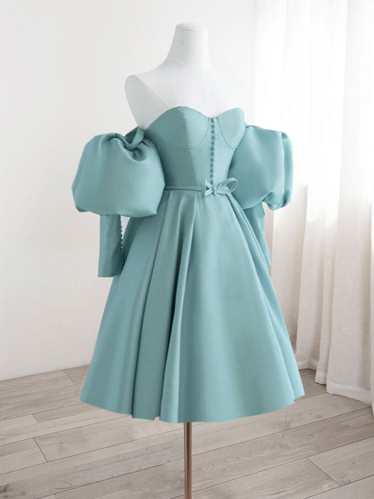 Pale Teal Off The Shoulder Short Prom Dress with Bubble Sleeves - DollyGown