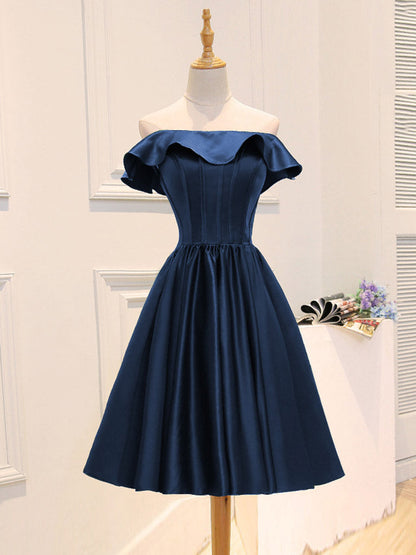 Navy Blue Off The Shouder Satin Boned Short Bridesmaid Dresses Prom Dress - DollyGown