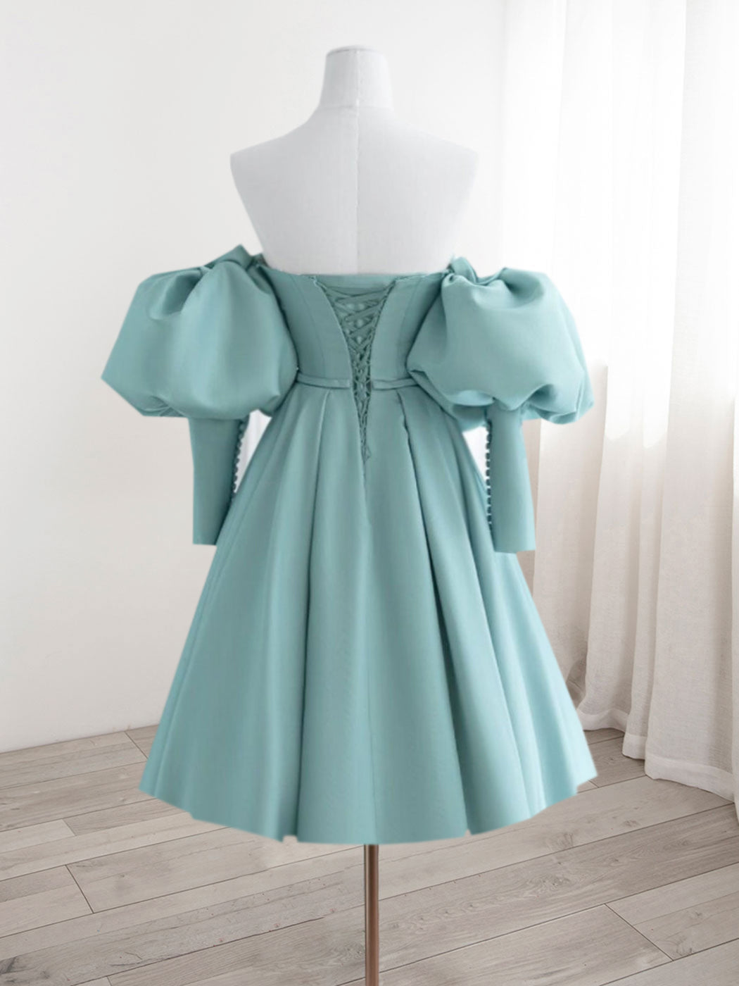 Pale Teal Off The Shoulder Short Prom Dress with Bubble Sleeves