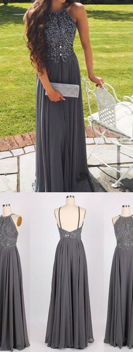 Beaded Charcoal Grey Bridesmaid Dress