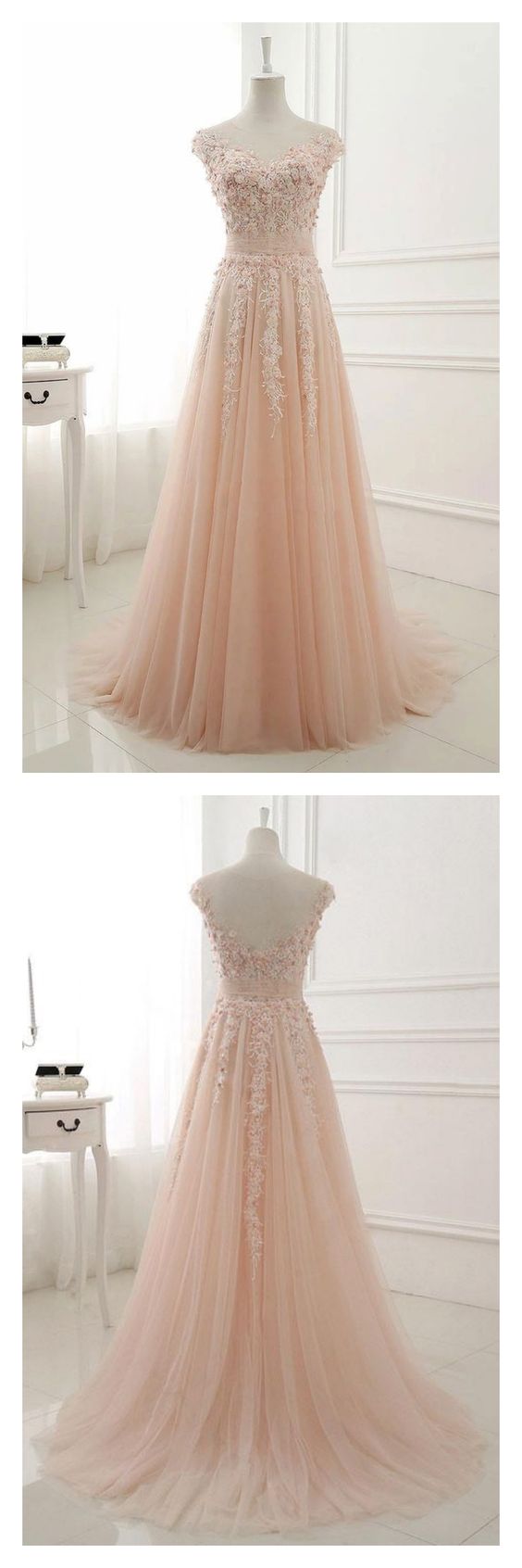 Romantic Floral A Line Tulle Unique Pale Pink Wedding Dress711063 7077