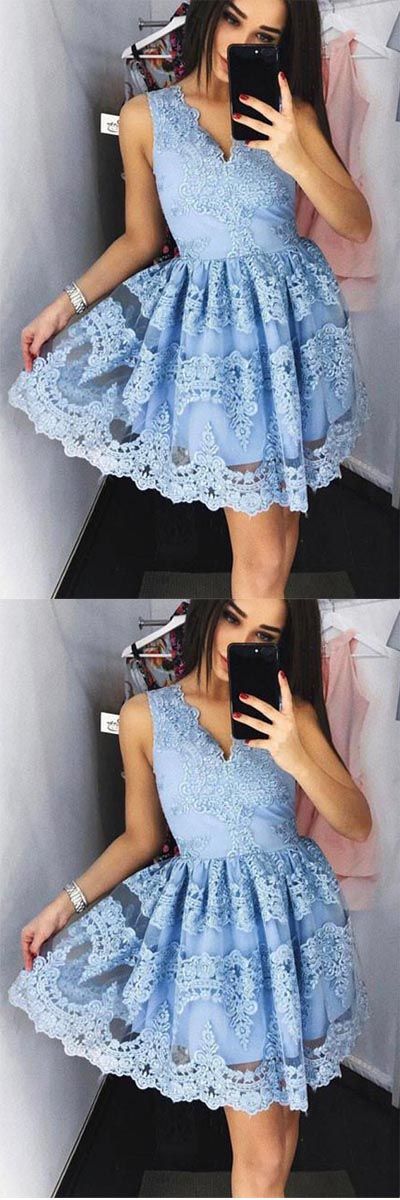 Blue Modest Lace Homecoming Dress Short for Freshman