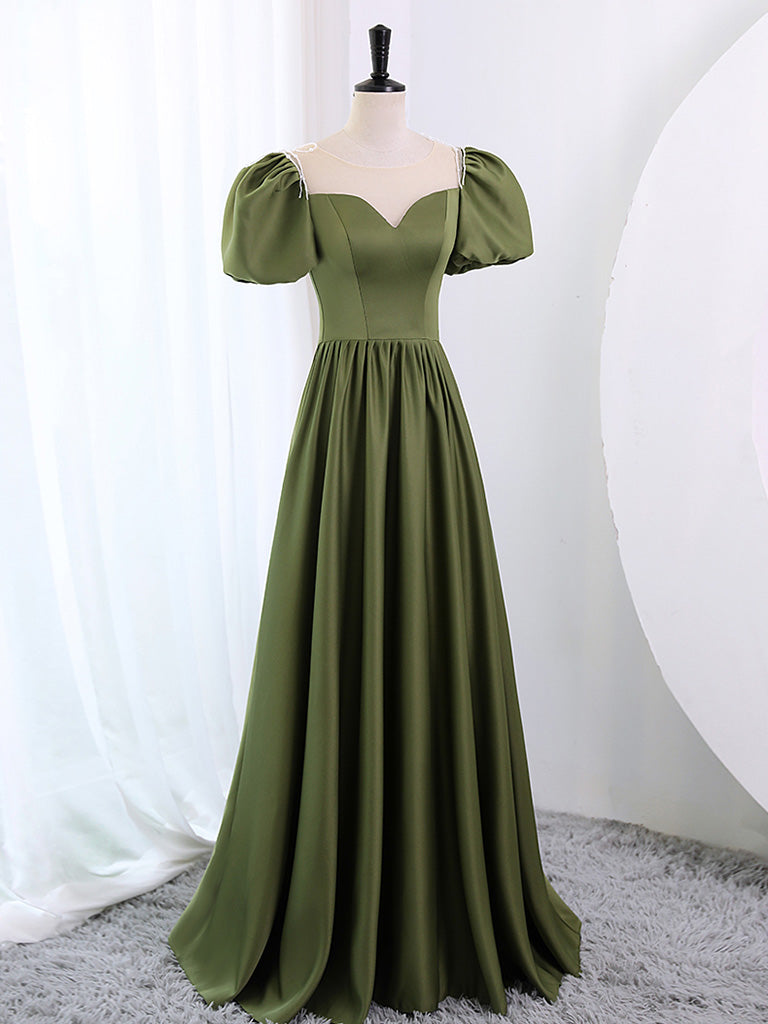 Sage Green Satin A-line Long Prom Dress with Bubble Short Sleeves