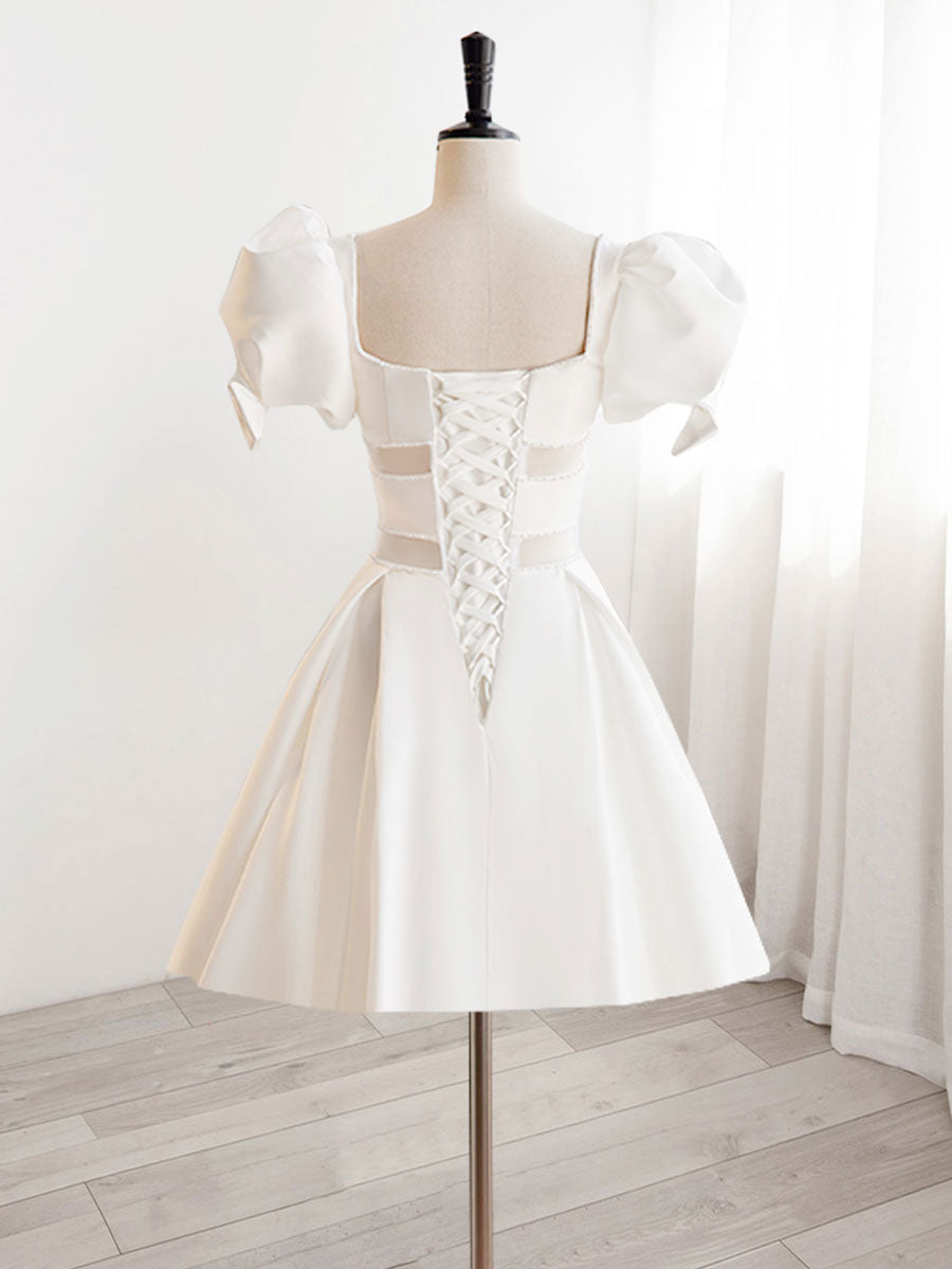 Square Neck White Occasion Homecoming Dresses white Bubble Sleeves - DollyGown