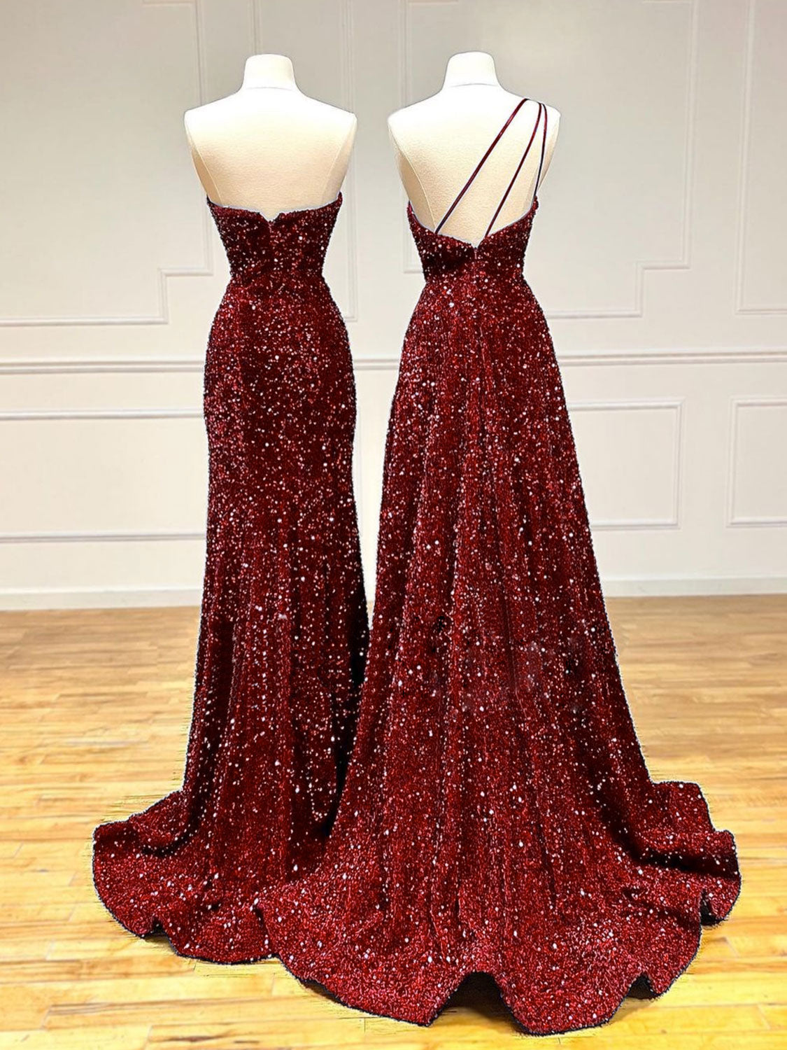 Unique Velvet Sequin Mermaid Burgundy Long Prom Dress | Formal Evening Dress