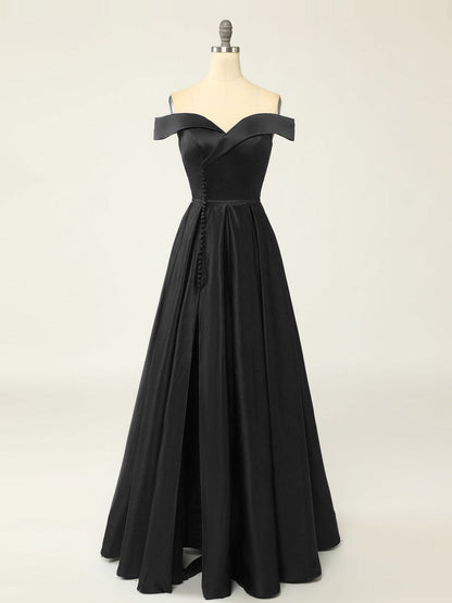 Overlap Neck Satin Black A-line Long Prom Dress Formal Party Dress - DollyGown