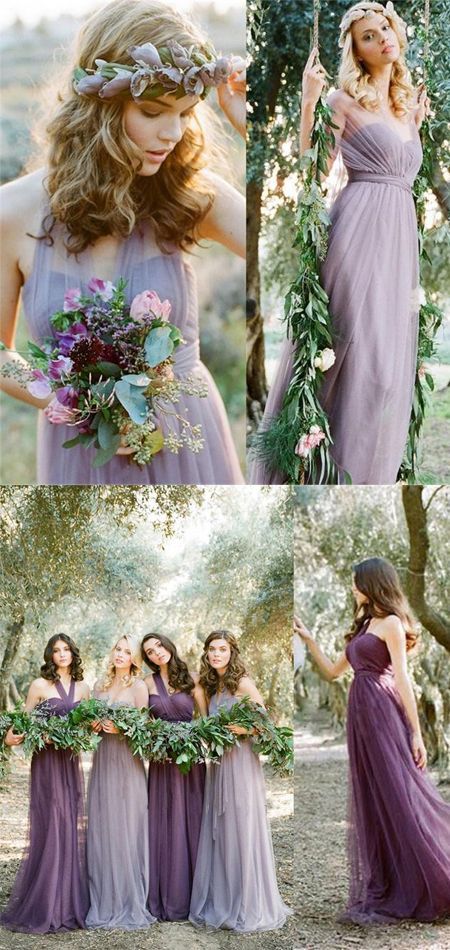 Awesome Long Mismatched Tulle Bohemian Purple Bridesmaid Dresses ...