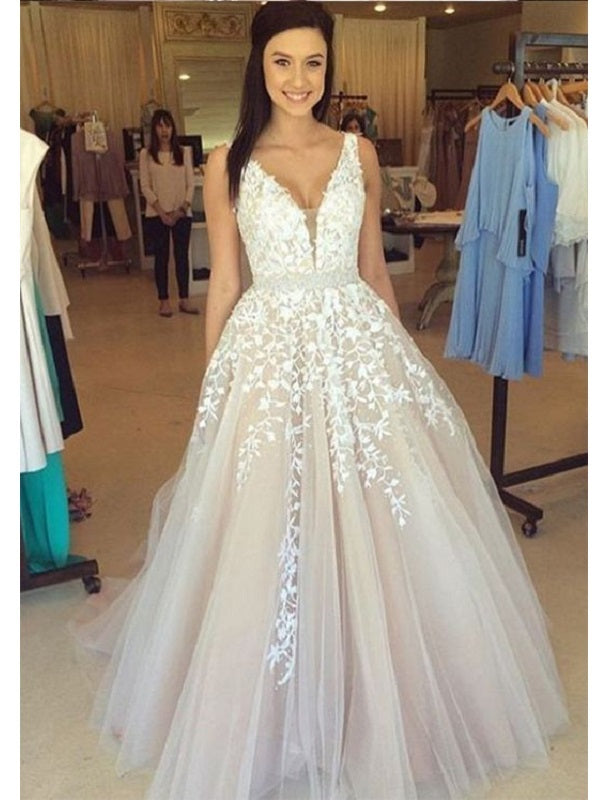 Beautiful Tulle Lace Appliques Plunge V neck Long Occasion Prom Dress,GDC1164-Dolly Gown