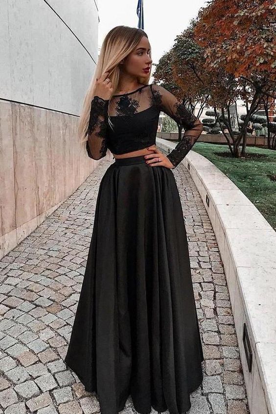Two Pieces Long Sleeves Lace Black Prom Dresses, 2 Piece Black