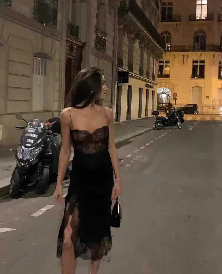 Black Lace French Style Midi Slip Dress