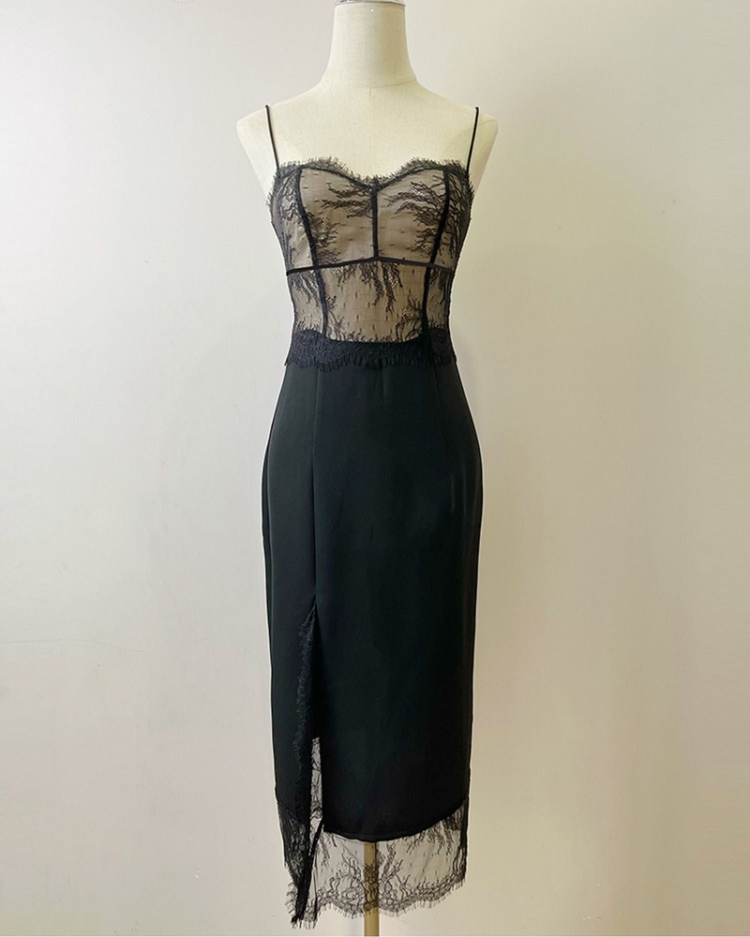 Black Lace French Style Midi Slip Dress