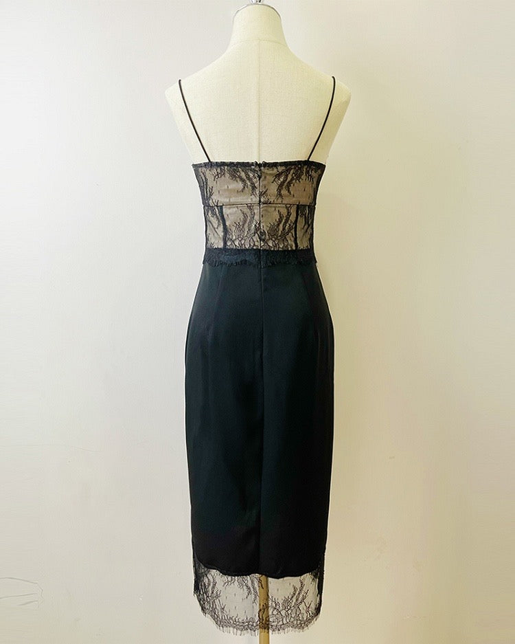 Black Lace French Style Midi Slip Dress