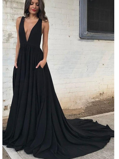Black Backless Plunge V Neck A-line Prom Occasion Dress with