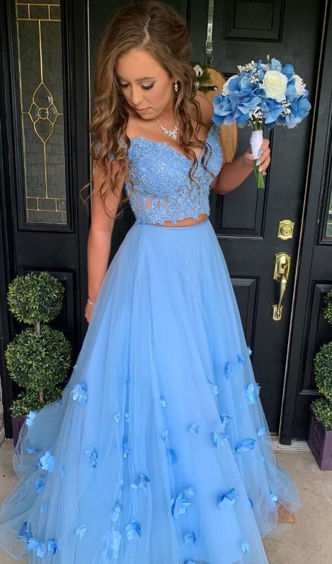 Blue Pretty Off the Shoulder Lace Two Piece Long Prom Dress with 3D flowers