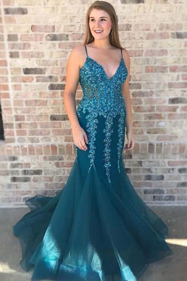Blue Organza Lace Appliques Mermaid See Through Prom Dress Formal Dress ...