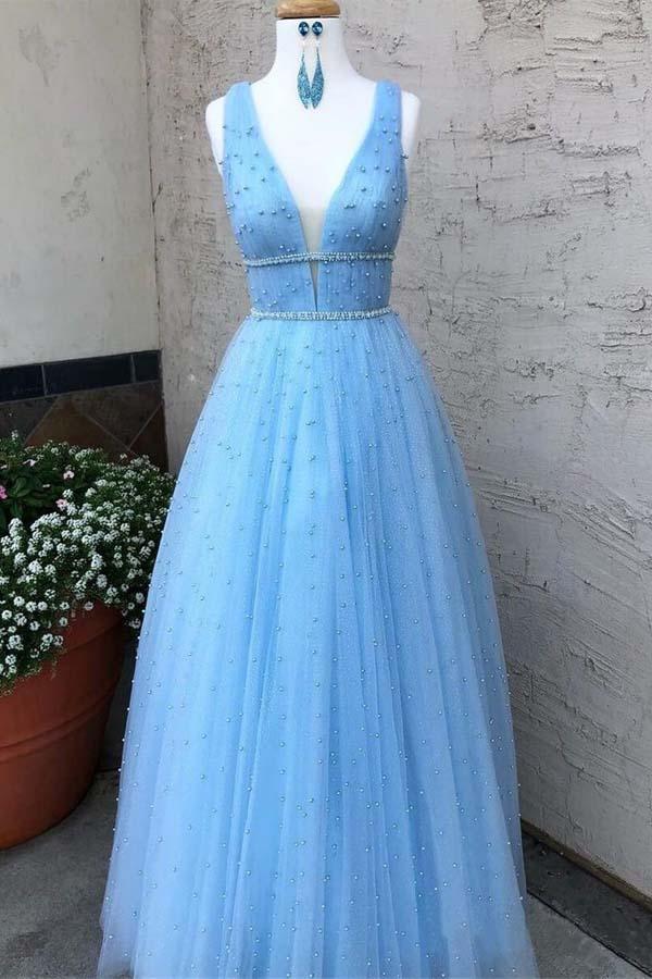 Blue Tulle Plunge V neck Occasion Prom Dress with scattering Beading ...