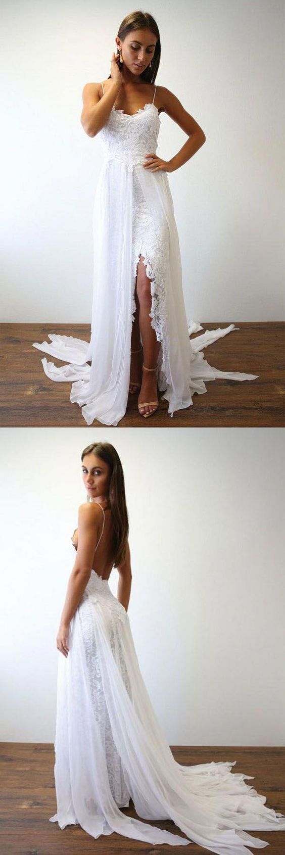 Boho Beach Flowy Chiffon Spaghetti Straps  Wedding Dress with Side Slit,Summer Wedding Dress,GDC1329-Dolly Gown