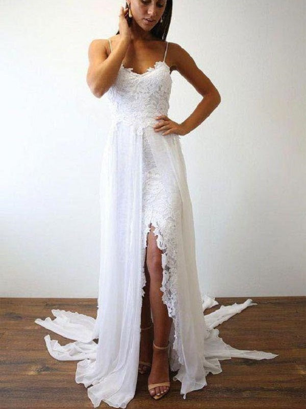 Boho Beach Flowy Chiffon Spaghetti Straps  Wedding Dress with Side Slit,Summer Wedding Dress,GDC1329-Dolly Gown