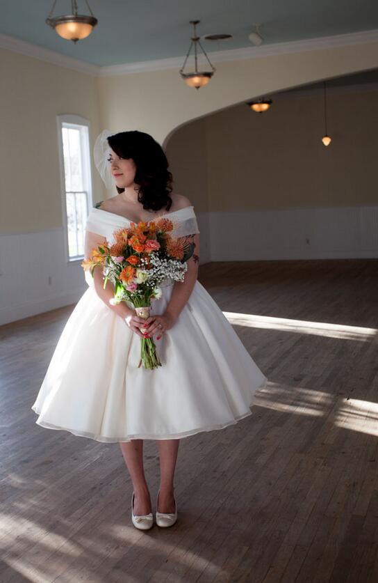 Breathtaking Off the Shoulder Organza 1950s Vintage Short Wedding Dress,20110228-Dolly Gown