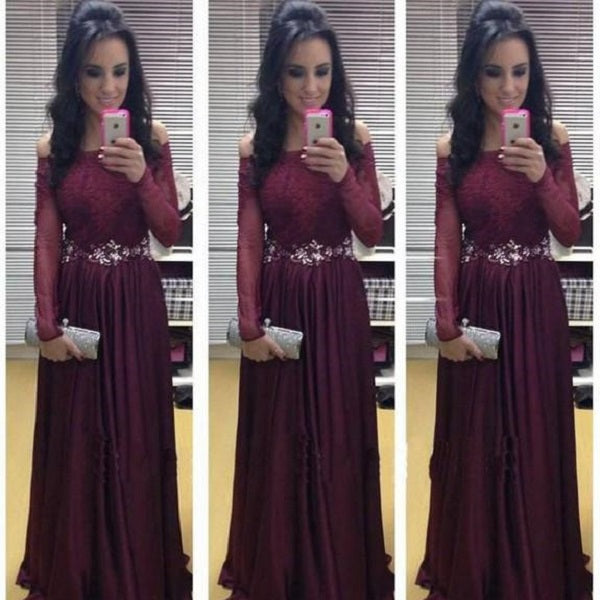 Burgundy Lace Top Long Sleeve Prom Dress,MA134-Dolly Gown