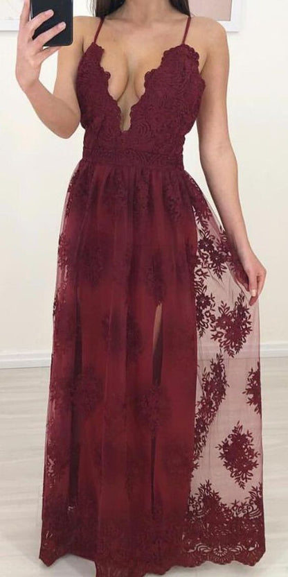 Burgundy Flowy Long Formal Lace Prom Dress,GDC1109-Dolly Gown