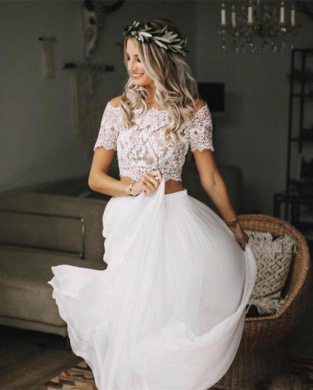 Two Piece Wedding Dress Set - Lace Crop Top with Round Neckline