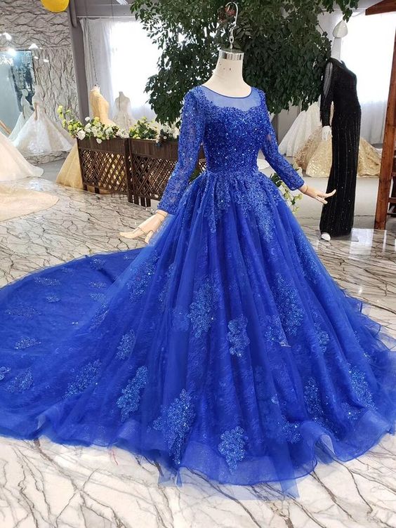 Cathedral Train Royal Blue Princess Ball Gown with Sleeves - DollyGown