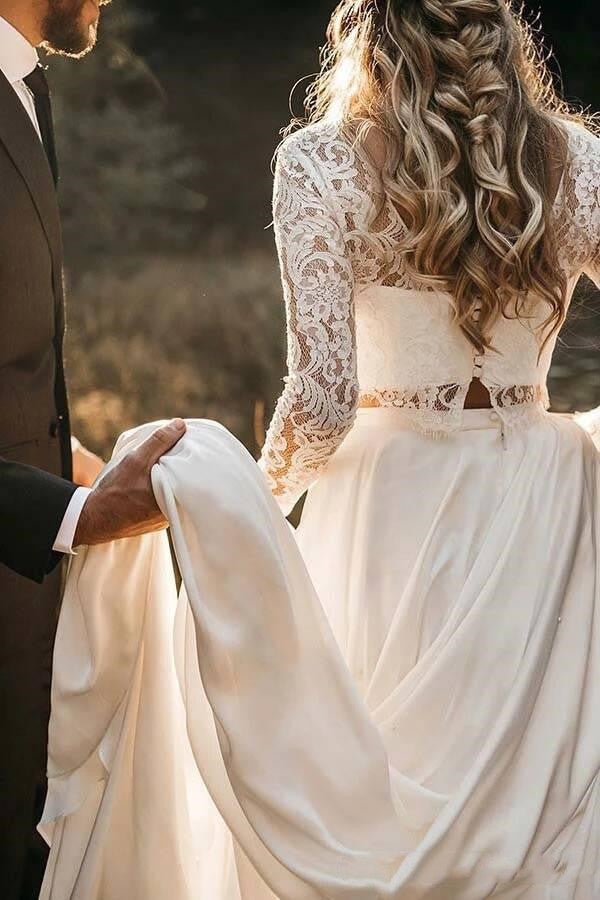 Long Sleeve Bridal Separates Lace Top | Affordable Two Piece Wedding Dress  with Chiffon Skirt