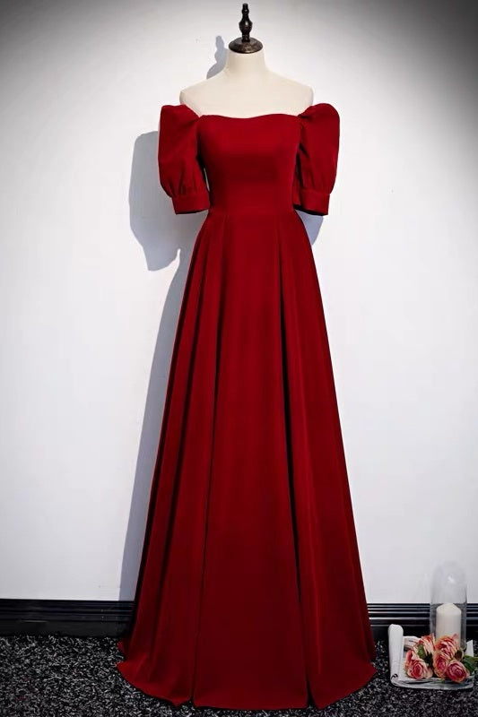 Classic Off Shoulder Long Maroon Prom Dress - DollyGown