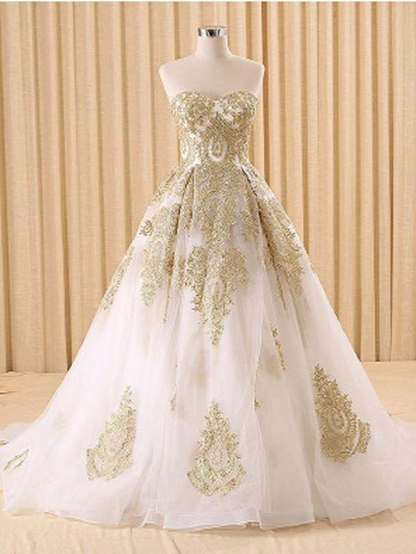 Classy Strapless Lace Gold Wedding Dress Ball Gown Wedding Dress