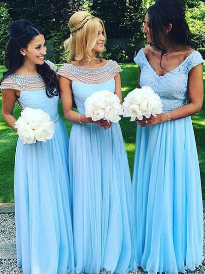 Country Style Long Chiffon Blue Bridesmaid Dresses