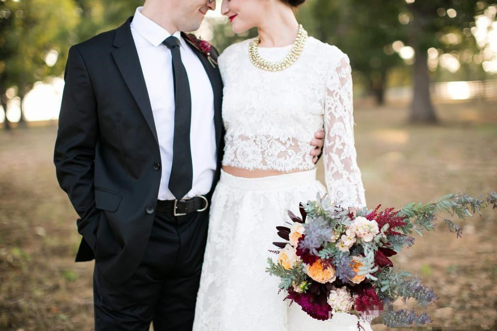 Country Style Modest Lace Long Sleeve Lace Two Piece Wedding Dress, Bridal Separates Long Sleeve Top,20082690-Dolly Gown