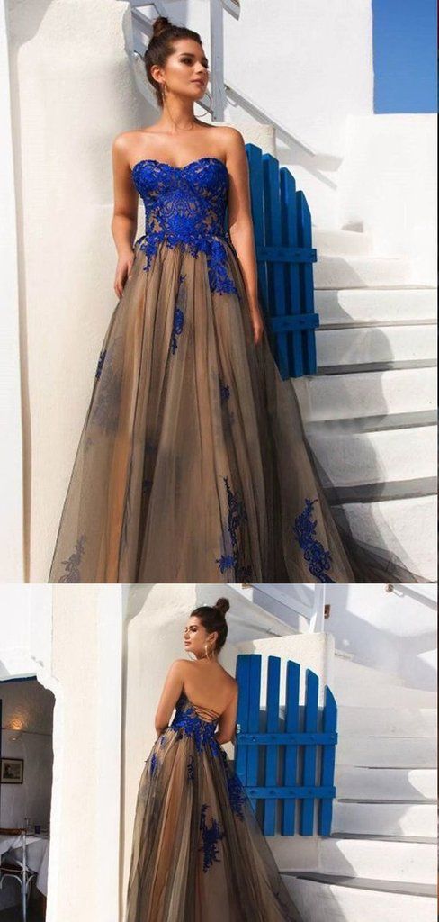 Custom Made Strapless Tulle Champagne Prom Dress with Royal Blue Lace Appliques ,GDC1257-Dolly Gown