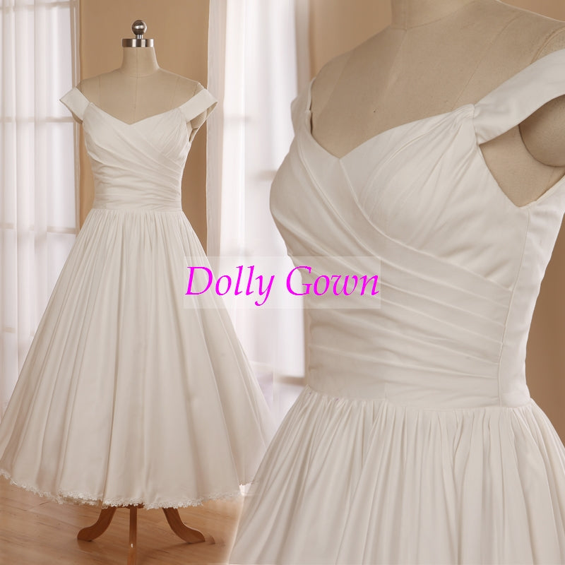 Vintage 1950s inspired Off Shoulders Cotton Tea Length Wedding Dress with  Lace Hemline